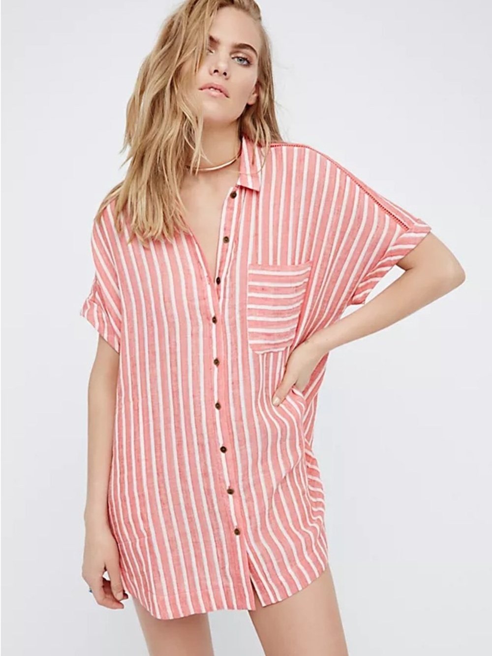 FREE PEOPLE Red & White Striped Button-Up CoverUp